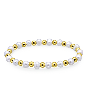 Aqua Bead & Cultured Freshwater Pearl Stretch Bracelet In 18k Gold Plated Sterling Silver - 100% Exclusiv In White/gold