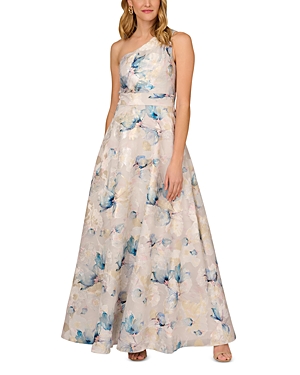 Shop Aidan Mattox One Shoulder Floral Jacquard Gown In Blue Multi