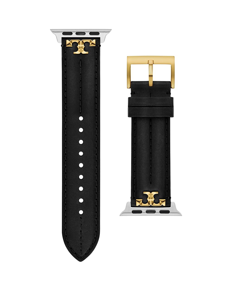 Tory Burch Apple Watch Kira Black Leather Strap, 38mm-45mm In Black