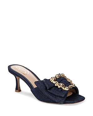 Shop Sam Edelman Women's Pietra Square Toe Embellished Mid Heel Sandals In Hudson Navy
