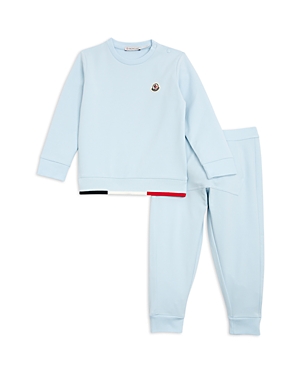 Moncler Boy's Logo Sweatshirt And Pants Set In Pastel Blu