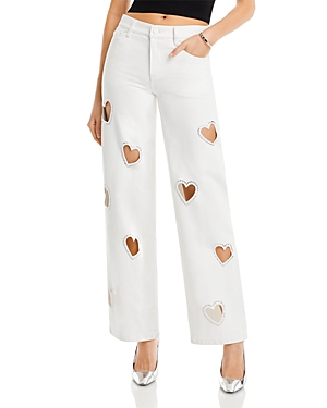 Alice And Olivia Karrie Mid Rise Embellished Heart Straight Jeans In Off White