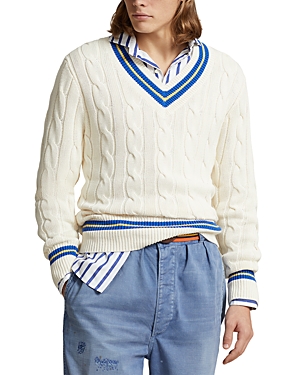 Shop Polo Ralph Lauren The Iconic Cricket Sweater In Cream W/ Royal Stripe
