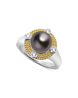 Shop Lagos 18k Yellow Gold & Sterling Silver Luna Black Tahitian Pearl & Diamond Halo Ring