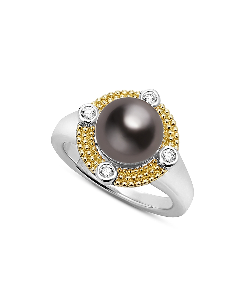 Lagos 18k Yellow Gold & Sterling Silver Luna Black Tahitian Pearl & Diamond Halo Ring In Black