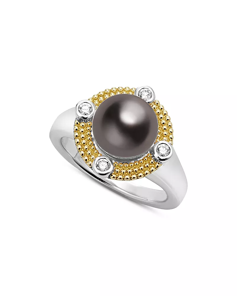 Lagos 18K Yellow Gold & Sterling Silver Luna Black Tahitian Pearl & Diamond Halo Ring
