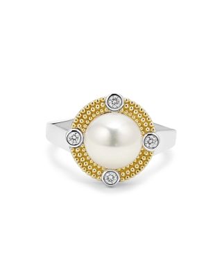 18K Yellow Gold & Sterling Silver Luna Cultured Freshwater Pearl & Diamond Halo Ring