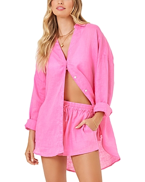 Shop L*space Rio Button Front Linen Cover Up Tunic In Guava