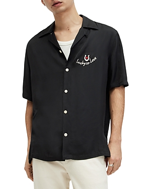 Allsaints Chanceux Embroidered Camp Shirt In Jet Black