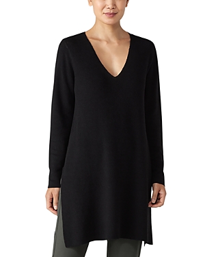 Shop Eileen Fisher Cotton V Neck Tunic Sweater In Black