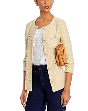 Shop Misook Button Front Tweed Jacket In Pale Gold/white