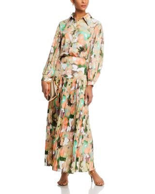 Misook - Balloon Sleeve Blouse & Drop Waist Pleated Midi Skirt