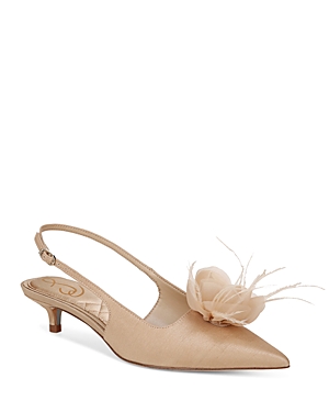 Shop Sam Edelman Women's Faye Pointed Toe Flower Accent Slingback Kitten Heel Pumps In Ecru