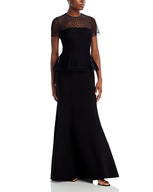 Shop Jason Wu Collection Corded Geometric Lace Peplum Gown In Black