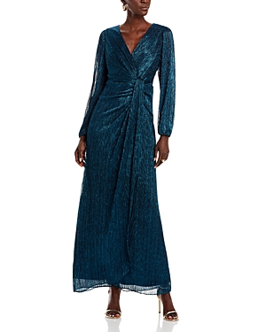 Adrianna Papell Metallic Faux Wrap Gown In Teal Saphire