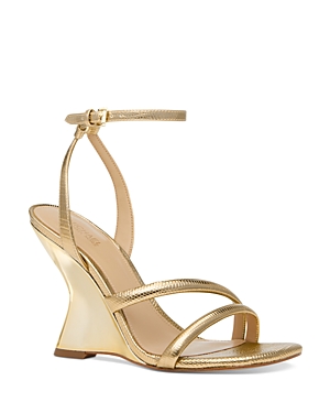 Shop Michael Kors Michael  Women's Nadina Square Toe Wedge Heel Sandals In Gold