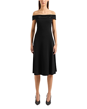 Shop Emporio Armani Rhinestone Trim Off The Shoulder Fit And Flare Dress In Solid Black