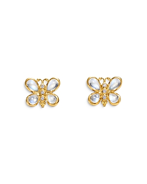 Shop Temple St Clair 18k Yellow Gold Royal Piccola Luna Moonstone & Diamond Butterfly Stud Earrings In Blue/gold