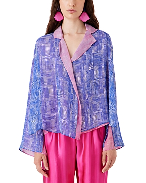 Shop Emporio Armani Silk Notch Collar Blouse In Striped Blue