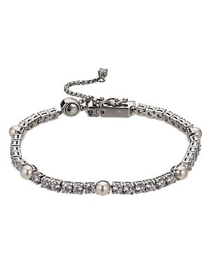 Nadri Gwen Cubic Zirconia & Imitation Pearl Tennis Style Slider Bracelet In White/silver