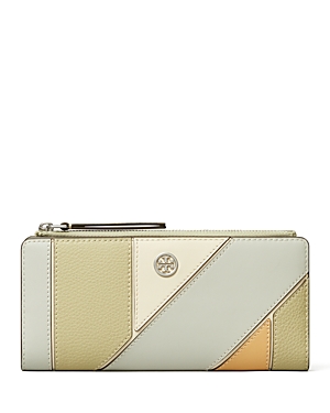 Shop Tory Burch Robinson Color Block Leather Zip Slim Wallet In Feather Gray/gold