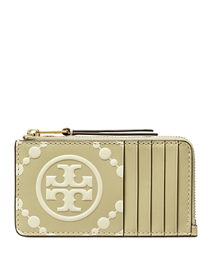 Shop Tory Burch T Monogram Contrast Embossed Leather Zip Card Case In Olive Sprig/gold