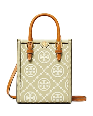 Shop Tory Burch Mini T Monogram Contrast Embossed Leather Mini Tote In Olive Sprig/gold