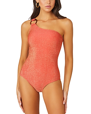 Shop Shoshanna Ring Detail One Shoulder One Piece Swimsuit In Hot Coral
