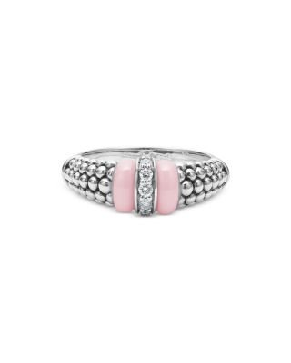 Sterling Silver Pink Caviar Diamond & Pink Ceramic Bead Statement Ring