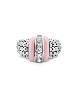 Sterling Silver Pink Caviar Diamond & Pink Ceramic Bead Statement Ring