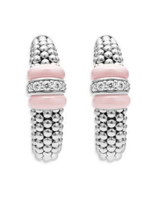 Sterling Silver Pink Caviar Diamond & Pink Ceramic Bead Hoop Earrings