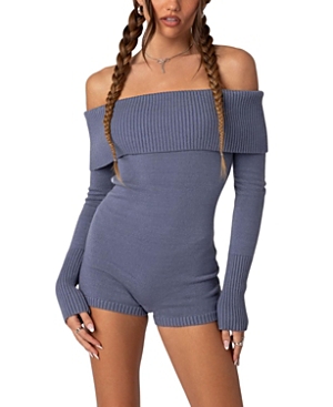 Edikted Pandorah Long Sleeve Off The Shoulder Knit Romper In Blue