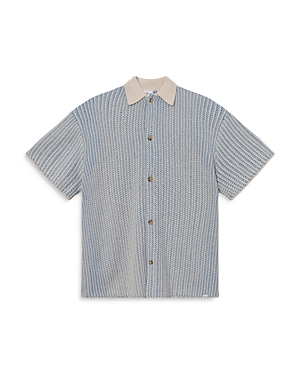 Shop Les Deux Easton Cotton Knit Regular Fit Button Down Shirt In Washed Denim Blue