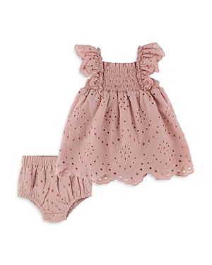 Shop Miniclasix Baby Girls' Cotton Embroidered Eyelet Flutter Sleeve Dress & Bloomers Set - Baby In Mauve