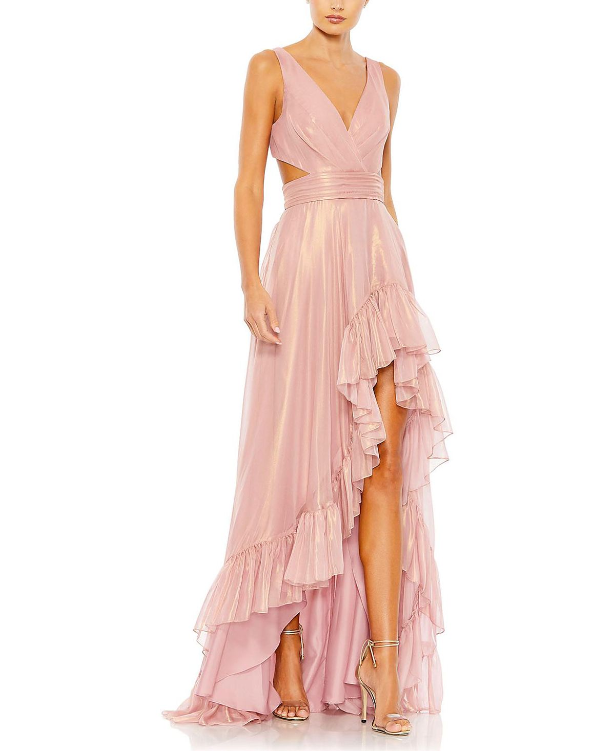 Mac Duggal Cut Out High Low Ruffle Gown