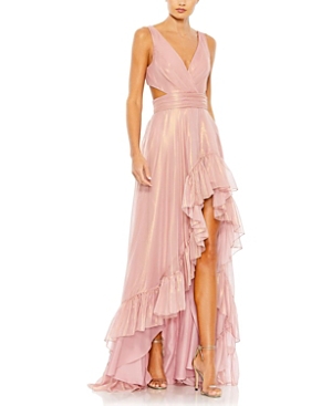 Shop Mac Duggal Cut Out High Low Ruffle Gown In Rose Gold