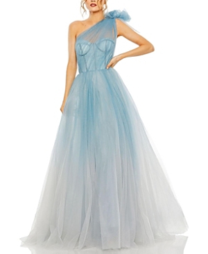 Shop Mac Duggal Glitter One-shoulder Ombre Gown With Bow In Blue
