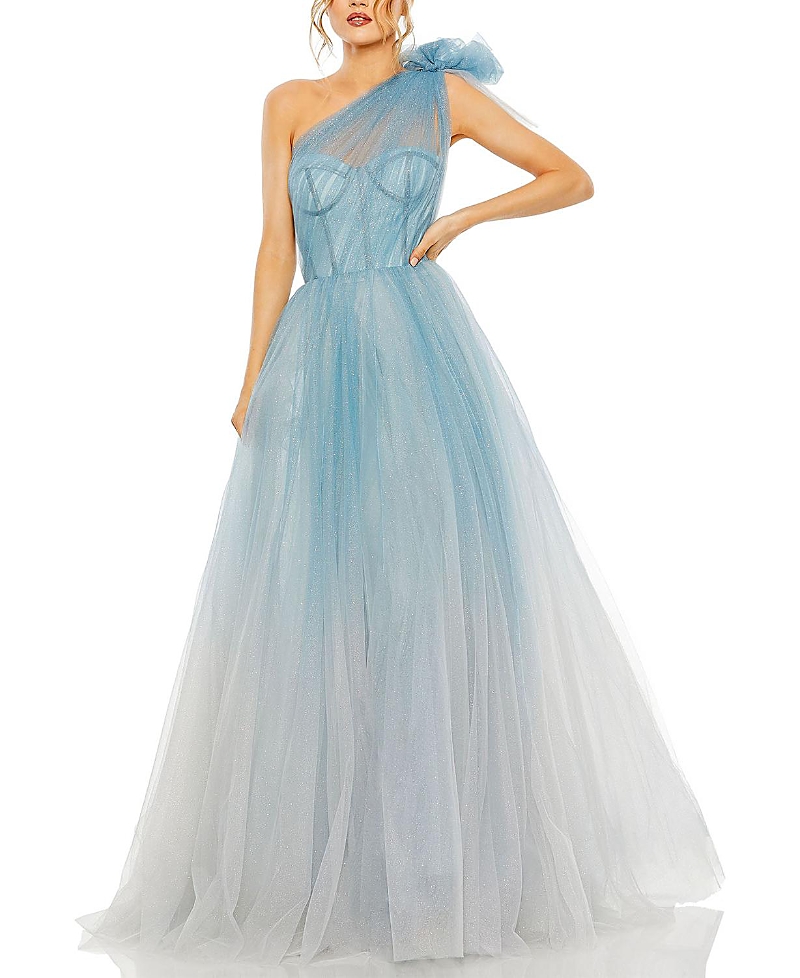 Mac Duggal Glitter One-shoulder Ombre Gown With Bow In Blue
