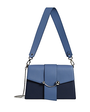 Shop Strathberry Crescent Leather Shoulder Bag In Sea Blue Navy/silver