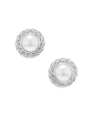 Pearl Classics Cable Halo Button Earrings in Sterling Silver with Diamonds, 13mm