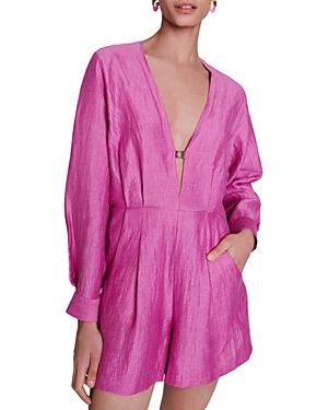Maje Iroly Linen Blend Long Sleeve Romper In Pink