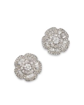 Bloomingdale's Fine Collection - Diamond Round & Baguette Flower Stud Earrings in 14K White Gold, 1.0 ct. t.w.