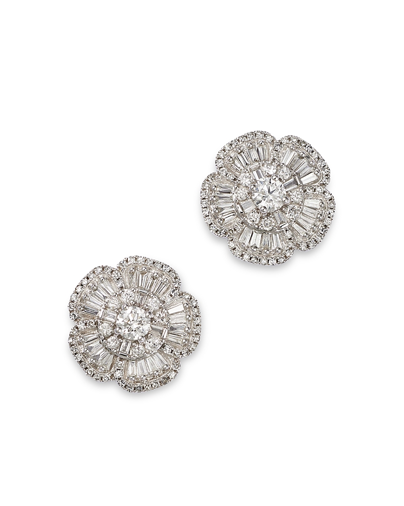 Bloomingdale's Fine Collection Diamond Round & Baguette Flower Stud Earrings in 14K White Gold, 1.0 tcw