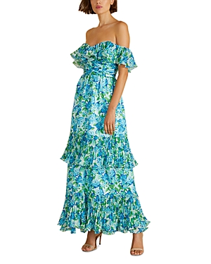 Shop Amur Pia Pleated Off The Shoulder Maxi Dress In Garden Blue
