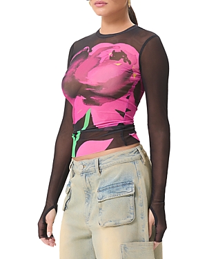 Afrm Kaylee Print Mesh Top In Noir Place