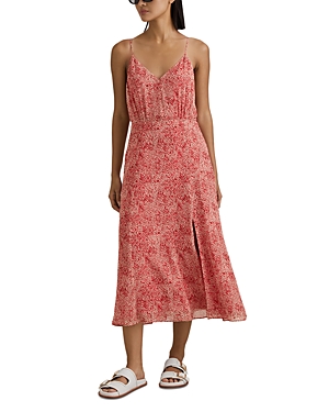 Reiss Olivia Printed Belted Midi Dress In Red