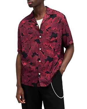 Shop Allsaints Kaza Relaxed Fit Printed Short Sleeve Camp Shirt In Jet Black/sangira Red