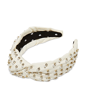 Shop Lele Sadoughi Crystal And Faux Pearl Knot Headband In Ivory