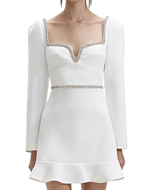 Shop Self-portrait Bonded Crepe Long Sleeve Mini Dress In White