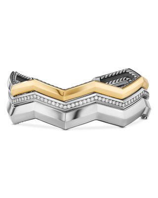 Stax Zig Zag Three Row Cuff Bracelet in Sterling Silver with 18K Yellow Gold and Diamonds, 17.4mm